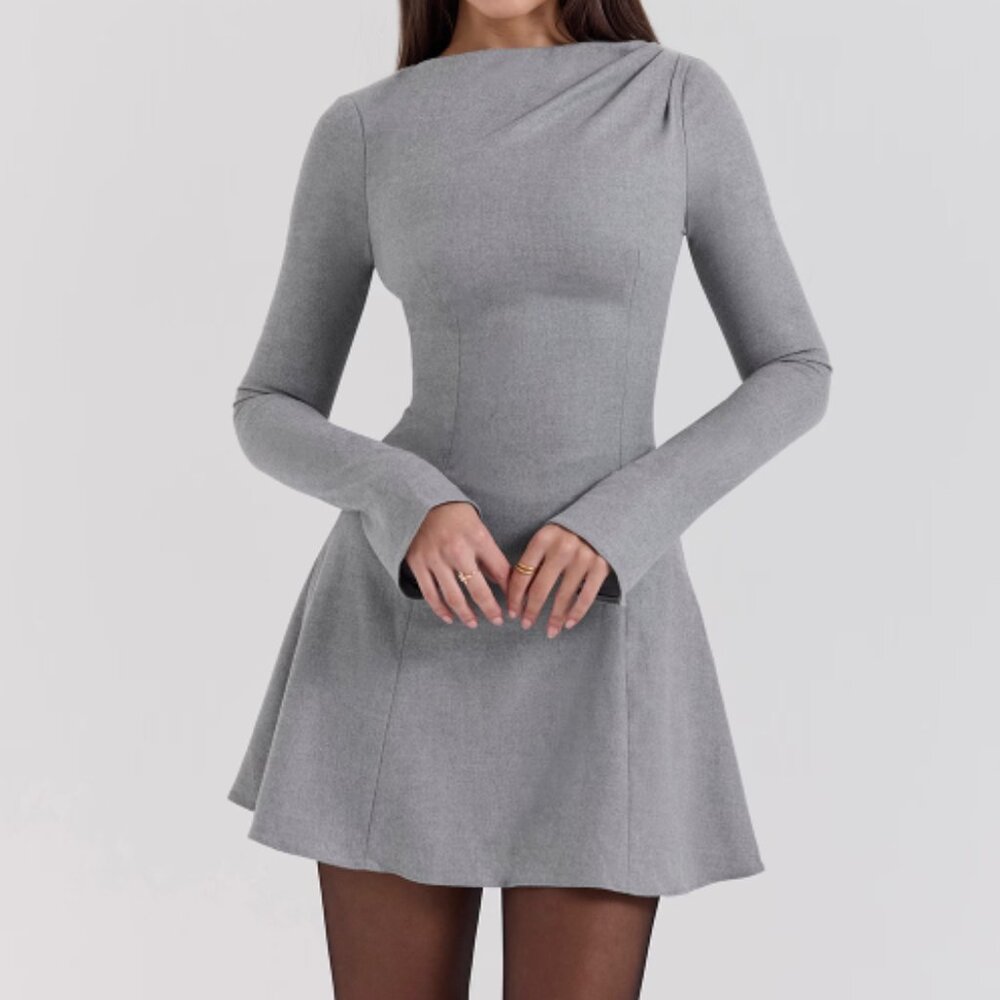 Grey A-Line Long Sleeve Mini Dress